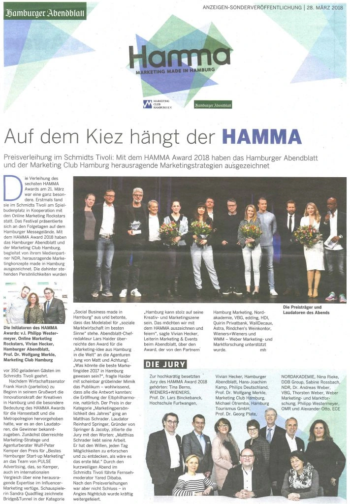 Zeitungsbeitrag zum Hamburger Marketing Award HAMMA 2018